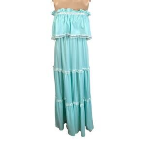 Vtg 70s Mint Green Strapless Tiered Lace Ruffle Cottagecore Maxi Dress S/M
